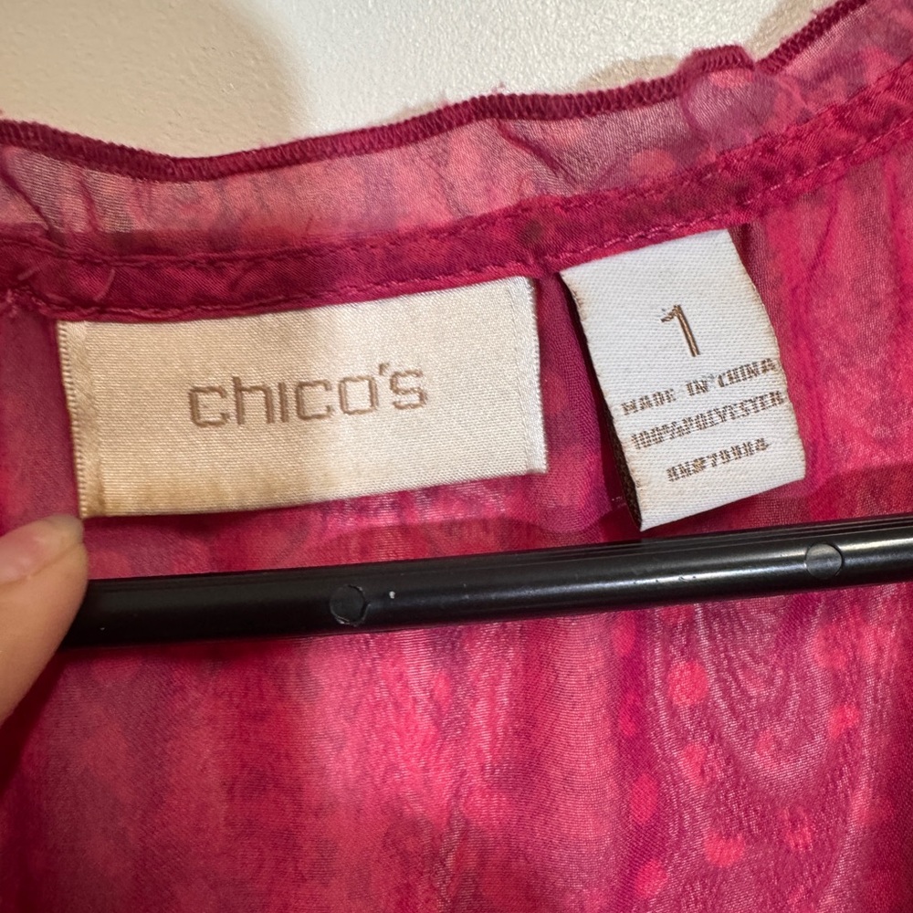 Chico’s Damask Shimmer‎ Lacy Top 1 M Medium 3/4 Sleeve Bengali Pink Gold Sheer - Picture 7 of 7